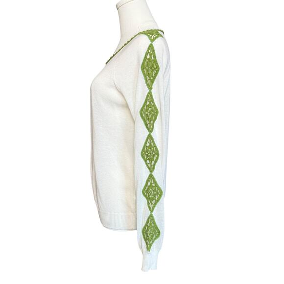 Tory Burch Chain Crewneck Pullover Sweater Ivory with Green Crochet Size Small - Picture 1 of 9